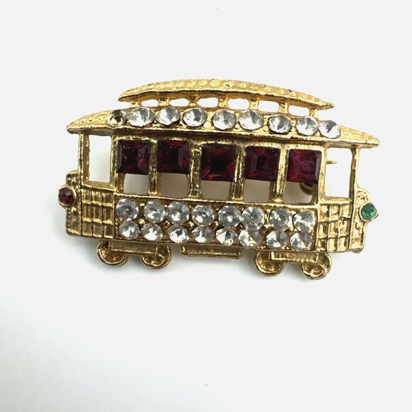 VTG San Francisco Cable Car Trolley Brooch/Pin Red Rhinestone Gold Tone Lapel - Picture 1 of 4
